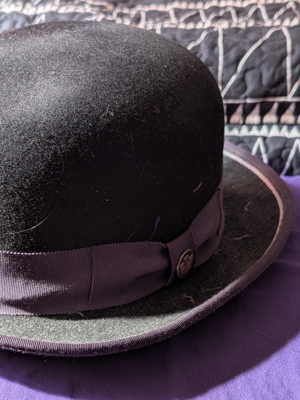 Black Bowler Hat with Purple Ribbon Trim Goorin Brothers Hat